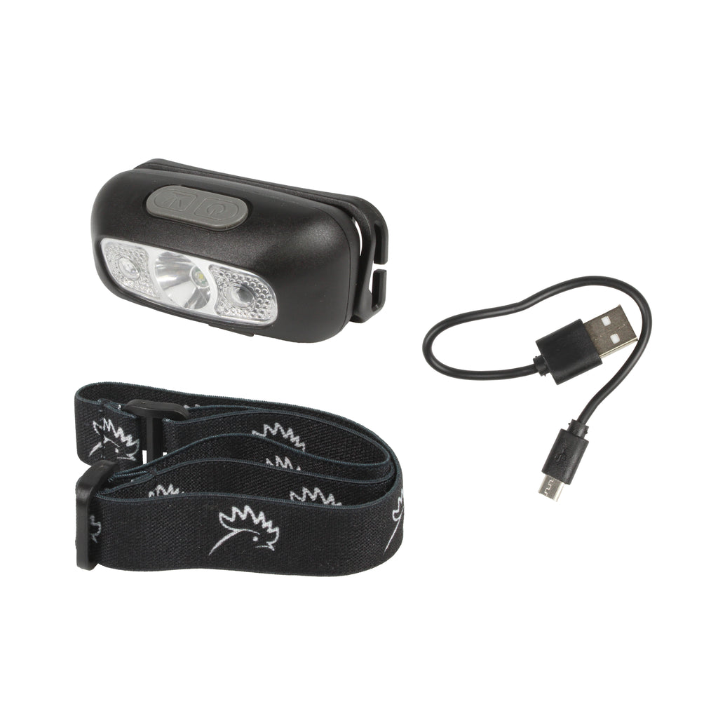 LED hoofdlamp verpakking met USB kabel en instructies